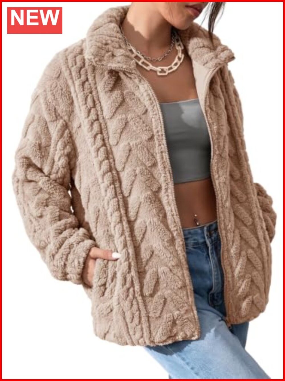 Fleece Zip Up Jacket Long Sleeve Casual Coat with Pockets